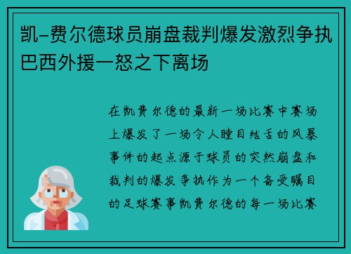 凯-费尔德球员崩盘裁判爆发激烈争执巴西外援一怒之下离场